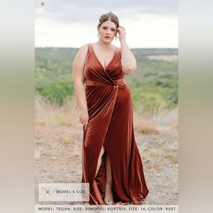 Terracotta colored velvet “Blair” bridesmaid dress. Paid $213 w/ shipping.